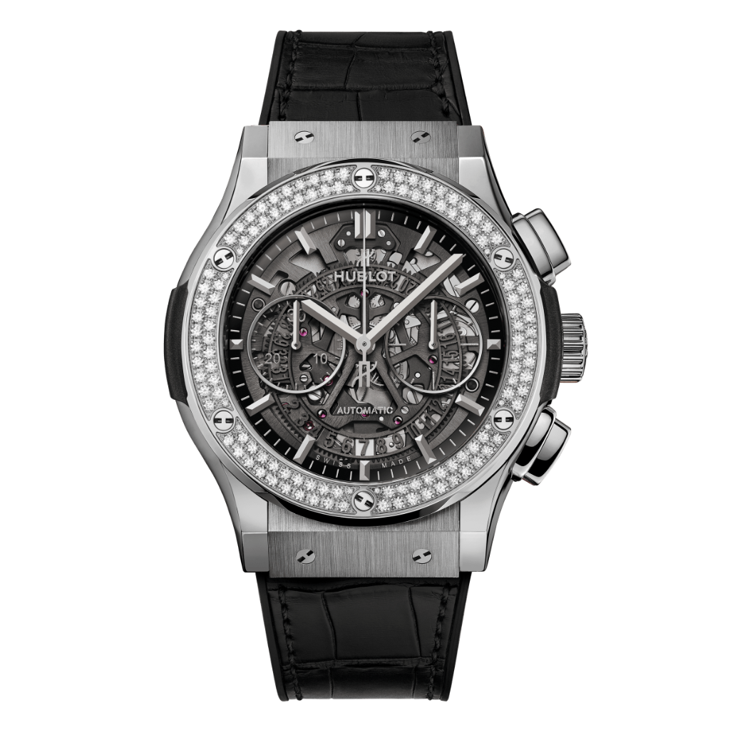 Hublot Classic Fusion Aerofusion Titanium Diamonds 45 mm Transparent Dial with Diamonds Polished Titanium   Leather Strap 525.NX.0170.LR.1104