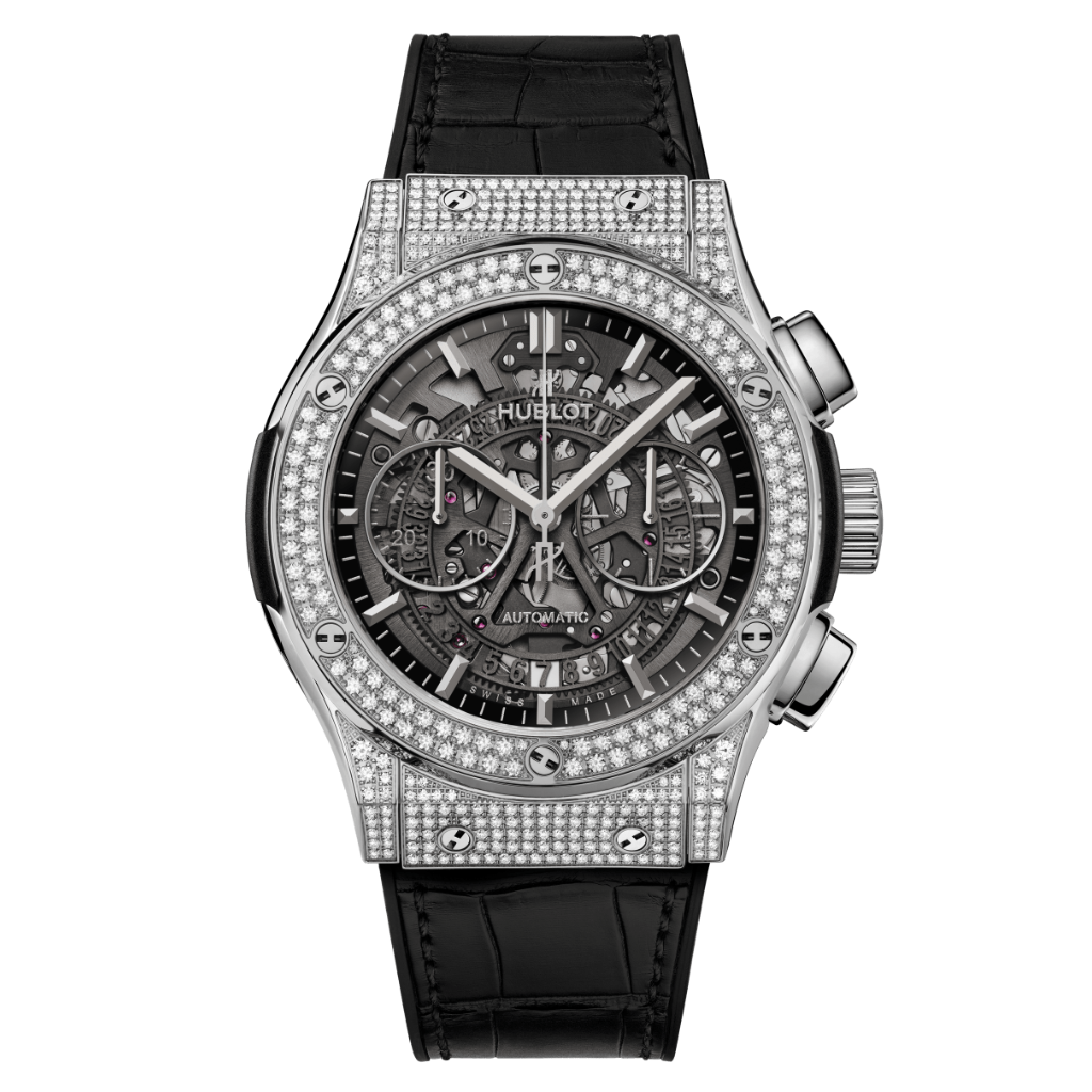 Hublot Classic Fusion Aerofusion Titanium Pavé 45 mm Transparent Dial with Diamonds Polished Titanium   Leather Strap 525.NX.0170.LR.1704