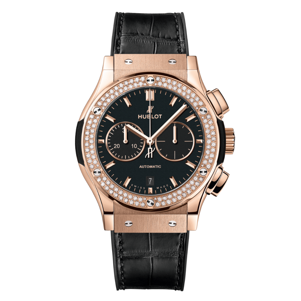 Hublot Classic Fusion Chronograph King Gold Diamonds 42 mm Black Dial with Diamonds Polished 18K King Gold   Leather Strap 541.OX.1181.LR.1104