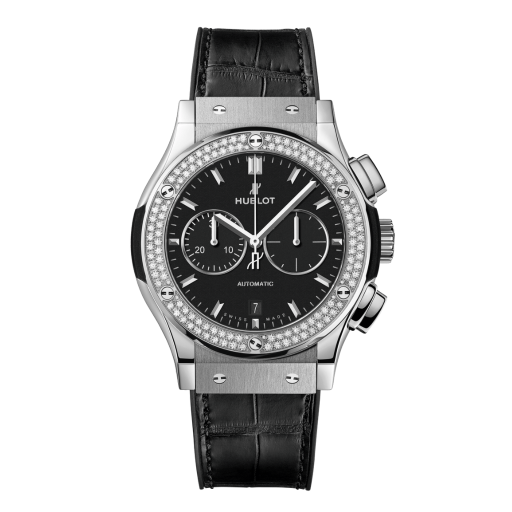 Hublot Classic Fusion Chronograph Titanium Diamonds 42 mm Black Dial with Diamonds Polished Titanium   Leather Strap 541.NX.1171.LR.1104