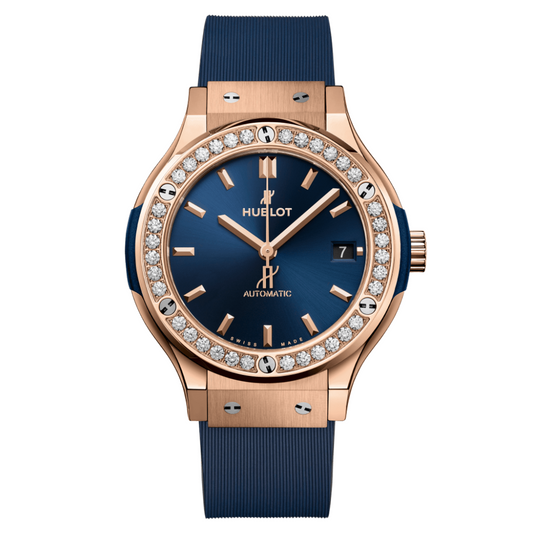 Hublot Classic Fusion King Gold Blue Diamonds 38 mm Blue Dial with Diamonds Polished 18K King Gold Rubber Strap 565.OX.7180.RX.1204