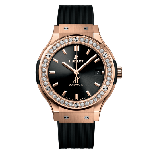 Hublot Classic Fusion King Gold Diamonds 38 mm Black Dial with Diamonds Polished 18K King Gold Rubber Strap 565.OX.1480.RX.1204