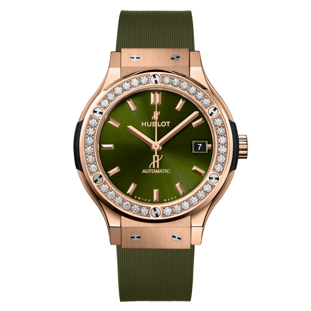 Hublot Classic Fusion King Gold Green Diamonds 38 mm Green Dial with Diamonds Polished 18K King Gold Rubber Strap 565.OX.8980.RX.1204