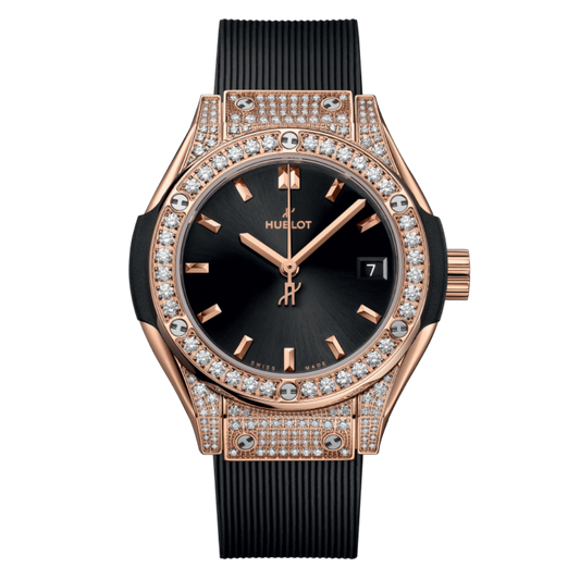 HUBLOT Classic Fusion King Gold Pavé 29 mm Black Dial with Diamonds Polished 18K King Gold Rubber Strap 591.OX.1480.RX.1604