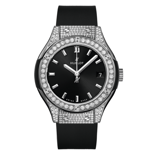 Hublot Classic Fusion Titanium Pavé 33 mm Black Dial Polished Titanium   Leather Strap 581.NX.1470.RX.1704