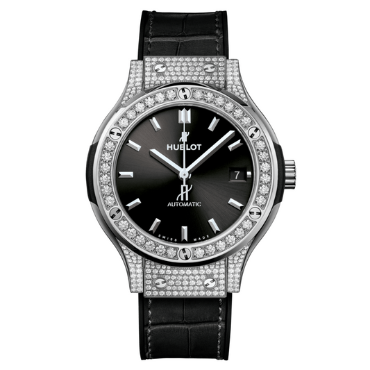 Hublot Classic Fusion Titanium Pavé 38 mm Black Dial with Diamonds Polished Titanium   Leather Strap 565.NX.1470.LR.1604