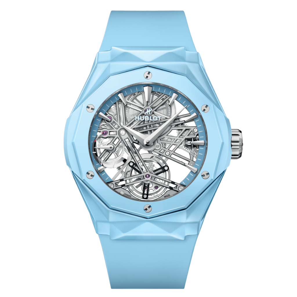 HUBLOT Classic Fusion Tourbillon Orlinski Sky Blue 45 mm Transparent Dial Polished Skly Blue Ceramic Rubber Strap 505.ES.5129.RX.ORL24