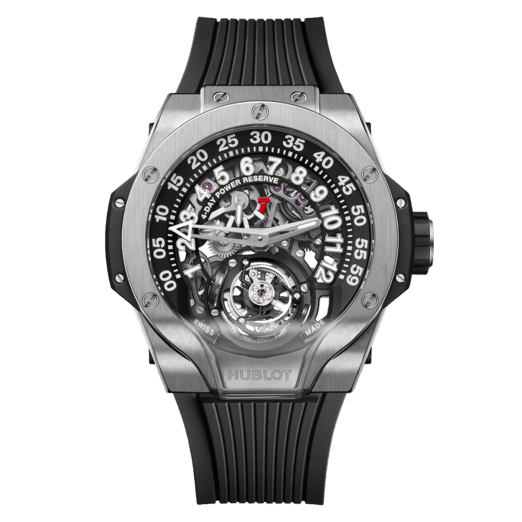 HUBLOT MP-13 Tourbillon Bi-Axis Retrograde 44 mm Transparent Dial Polished Titanium Rubber Strap 913.NX.1170.RX