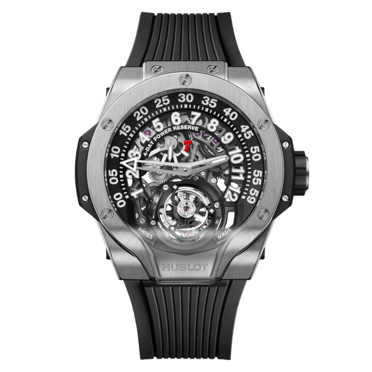 HUBLOT MP-13 Tourbillon Bi-Axis Retrograde 44 mm Transparent Dial Polished Titanium Rubber Strap 913.NX.1170.RX