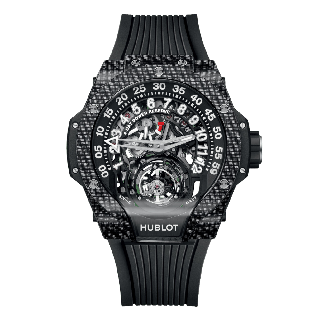 HUBLOT MP MP-13 Tourbillon Bi-Axis Retrograde Black Carbon 44 mm Transparent Dial Carbon Fiber and Black Texalium Rubber Strap 913.YT.1170.RX