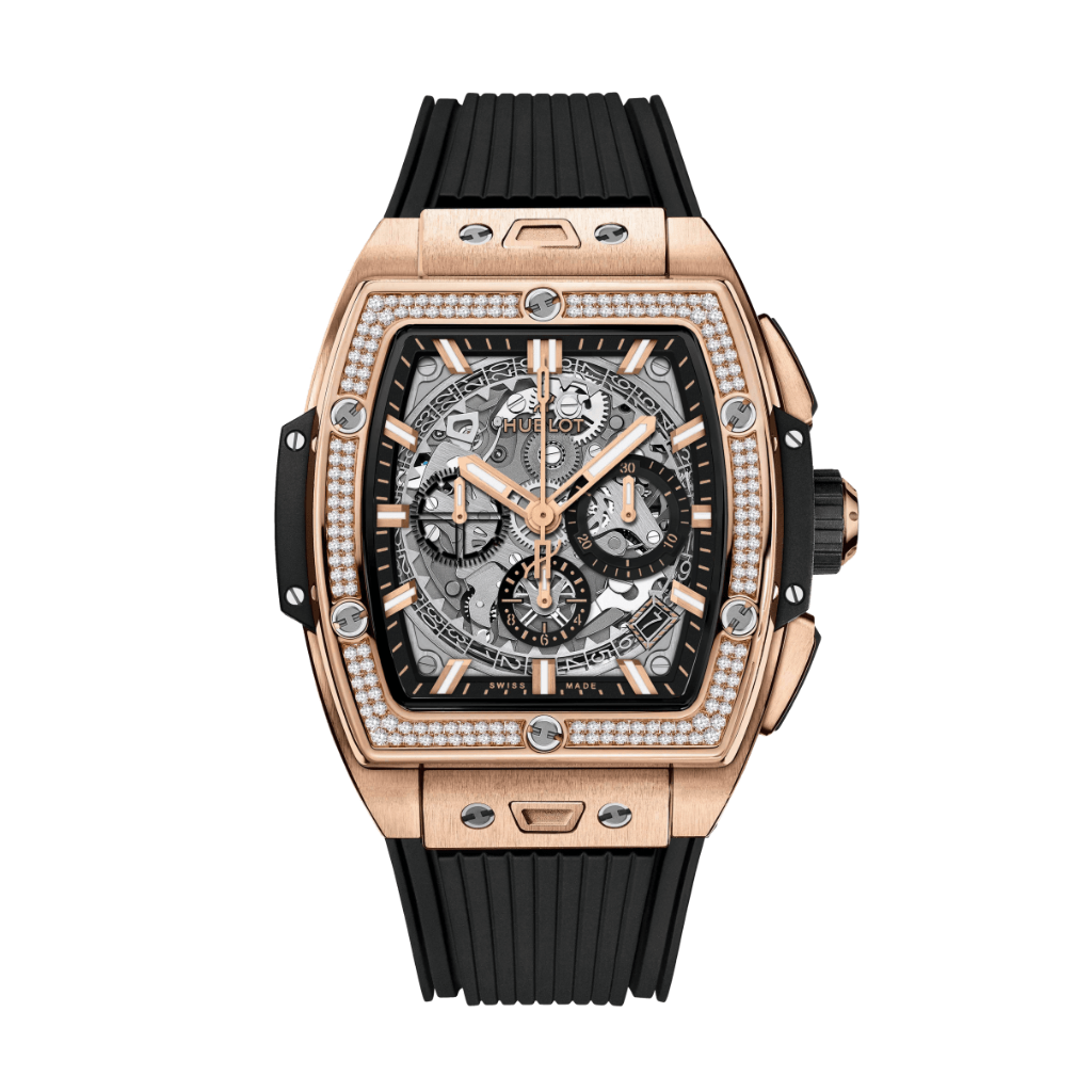 Hublot Spirit of Big Bang King Gold Diamonds 42 mm Transparent Dial with Diamonds Polished 18K King Gold Rubber Strap 642.OX.0180.RX.1104