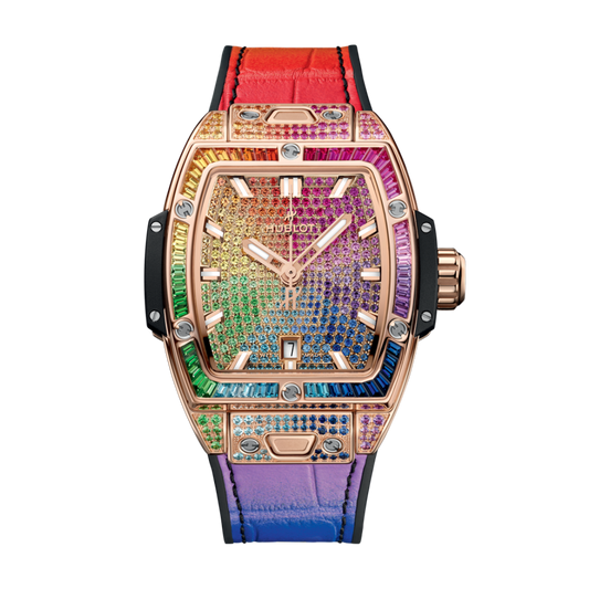 Hublot Spirit of Big Bang King Gold Rainbow 32 mm Diamond Paved Dial Polished 18K King Gold   Leather Strap 682.OX.9900.LR.0999