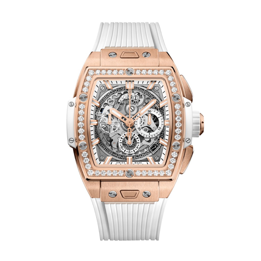 Hublot Spirit of Big Bang King Gold White Diamonds 42 mm Transparent Dial with Diamonds Polished 18K King Gold Rubber Strap 642.OE.2010.RW.1204