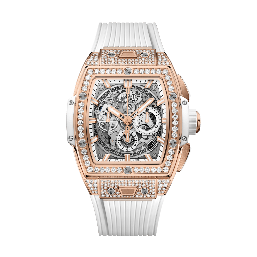Hublot Spirit of Big Bang King Gold White Pavé 42 mm Transparent Dial with Diamonds Polished 18K King Gold Rubber Strap 642.OE.2010.RW.1604