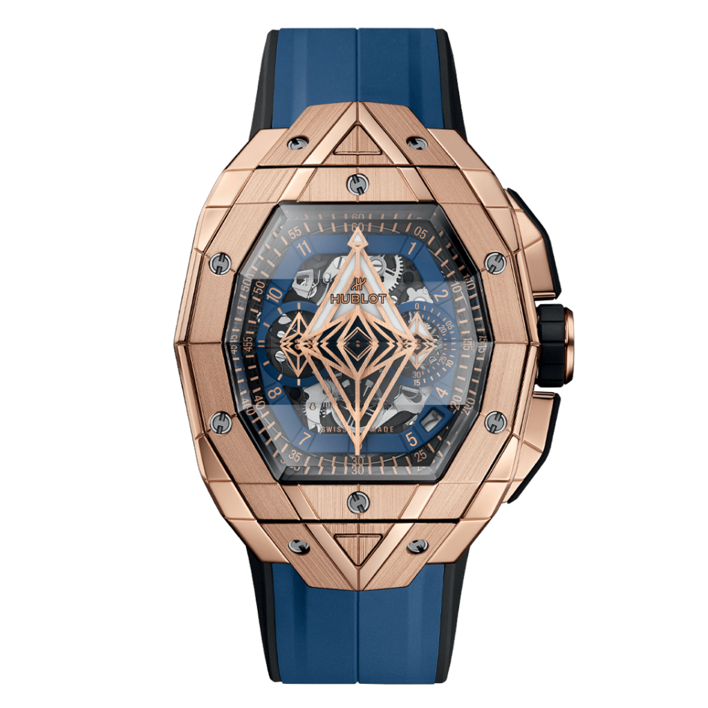 HUBLOT Spirit of Big Bang Sang Bleu King Gold Blue 42 mm Transparent Dial Polished 18K King Gold Rubber Strap 648.OX.0151.RX.MXM24