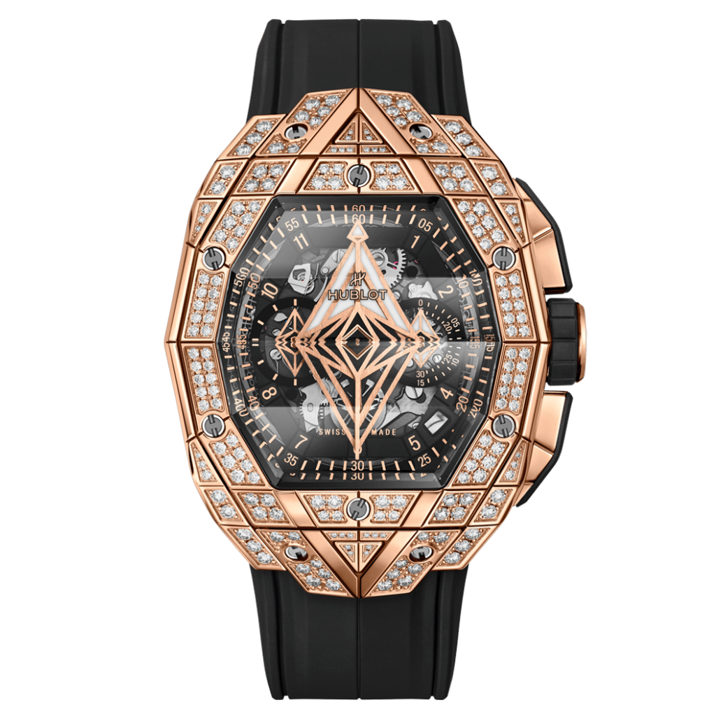 HUBLOT Spirit of Big Bang Sang Bleu King Gold Pavé 42 mm Transparent Dial with Diamonds Polished 18K King Gold Rubber Strap 648.OX.0108.RX.1604.MXM23