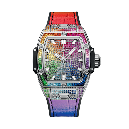 Hublot Spirit of Big Bang Steel Rainbow 32 mm Diamond Paved Dial Polished Stainless Steel   Leather Strap 682.SX.9900.LR.0999