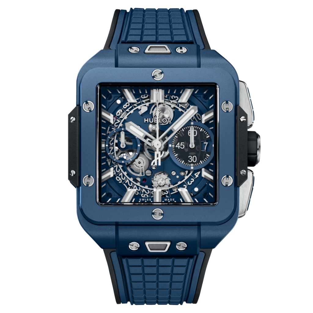 HUBLOT Square Bang Unico Blue Ceramic 42 mm Transparent Dial Microblasted and Polished Blue Ceramic Rubber Strap 821.EX.5170.RX