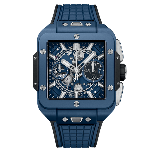 HUBLOT Square Bang Unico Blue Ceramic 42 mm Transparent Dial Microblasted and Polished Blue Ceramic Rubber Strap 821.EX.5170.RX