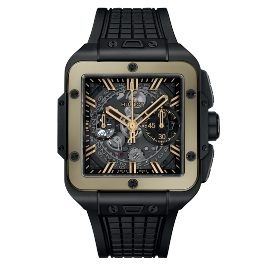 HUBLOT Square Bang Unico Ceramic Magic Gold 42 mm Transparent Dial Microblasted and Polished Black Ceramic Rubber Strap 821.CM.0130.RX