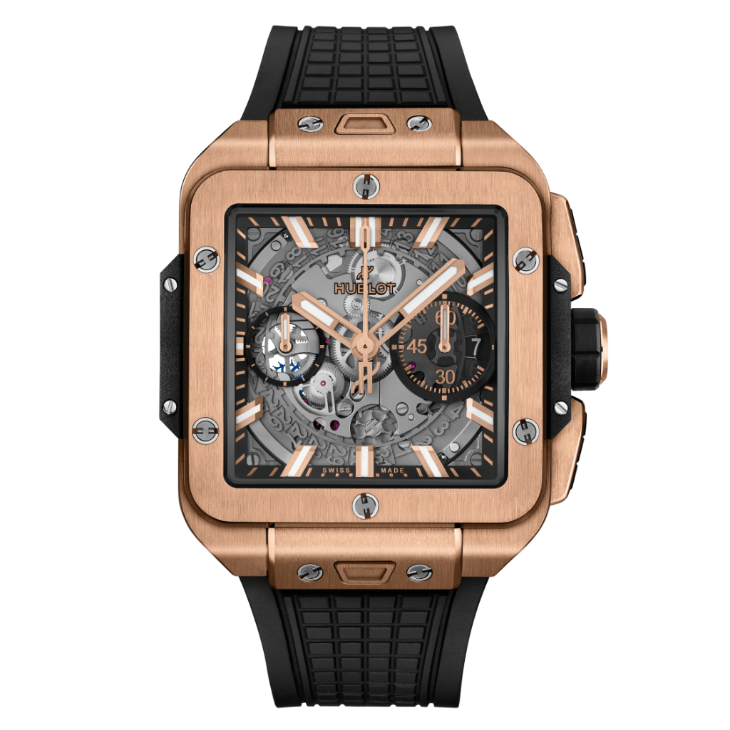 HUBLOT Square Bang Unico King Gold 42 mm Transparent Dial Polished 18K King Gold Rubber Strap 821.OX.0180.RX