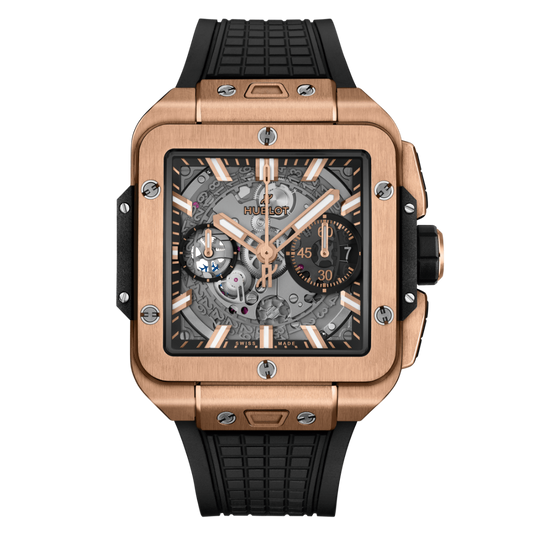 HUBLOT Square Bang Unico King Gold 42 mm Transparent Dial Polished 18K King Gold Rubber Strap 821.OX.0180.RX