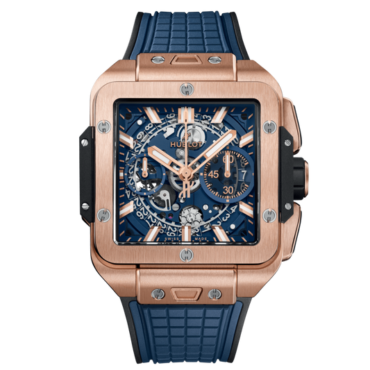 HUBLOT Square Bang Unico King Gold Blue 42 mm Transparent Dial Polished 18K King Gold Rubber Strap 821.OX.5180.RX