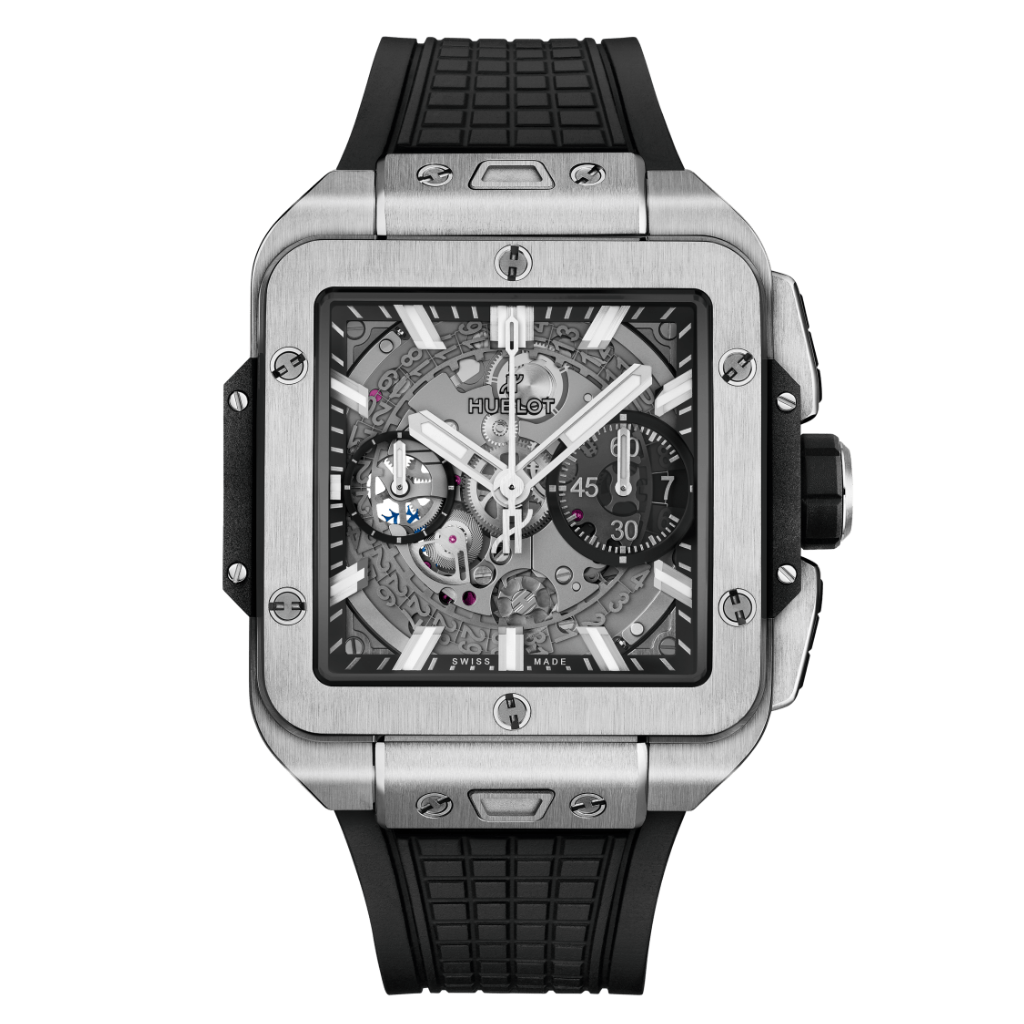 HUBLOT Square Bang Unico Titanium 42 mm Transparent Dial Polished Titanium Rubber Strap 821.NX.0170.RX