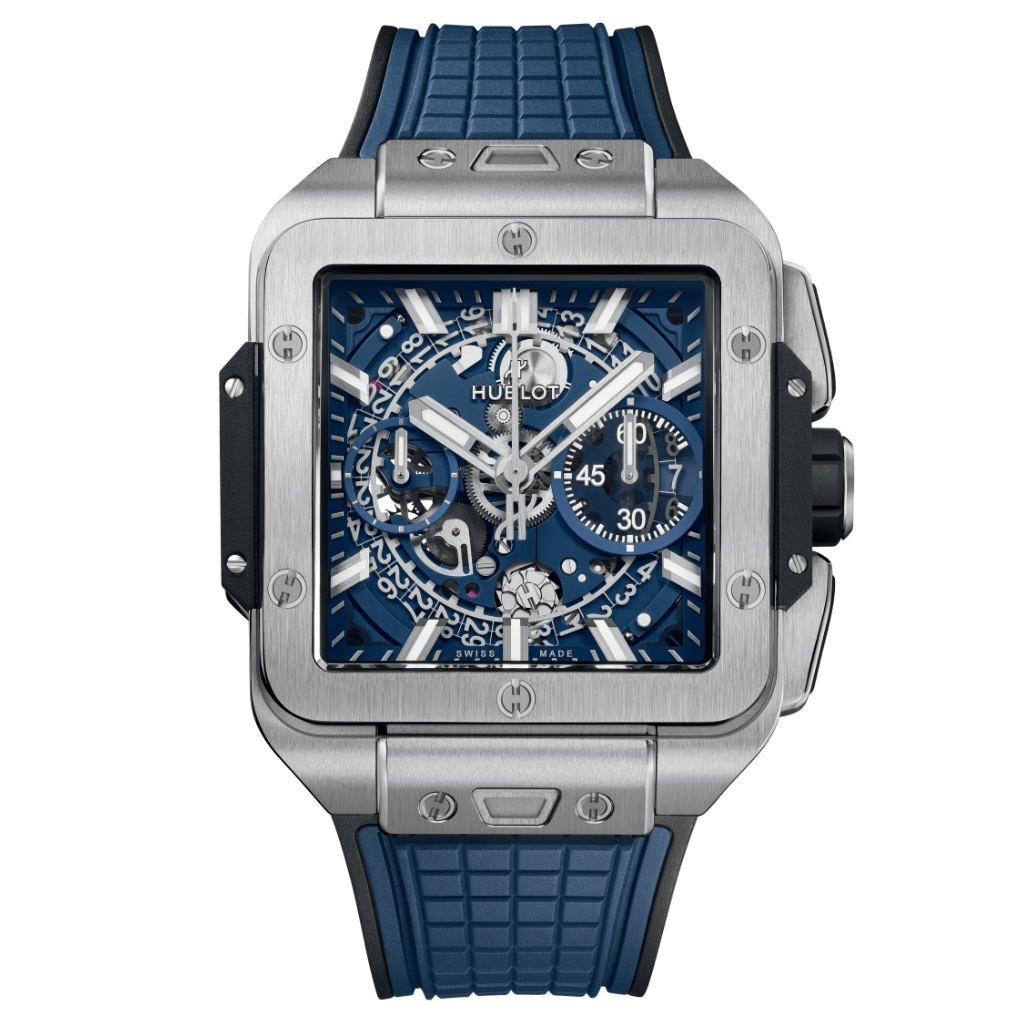 HUBLOT Square Bang Unico Titanium Blue 42 mm Transparent Dial Polished Titanium Rubber Strap 821.NX.5170.RX