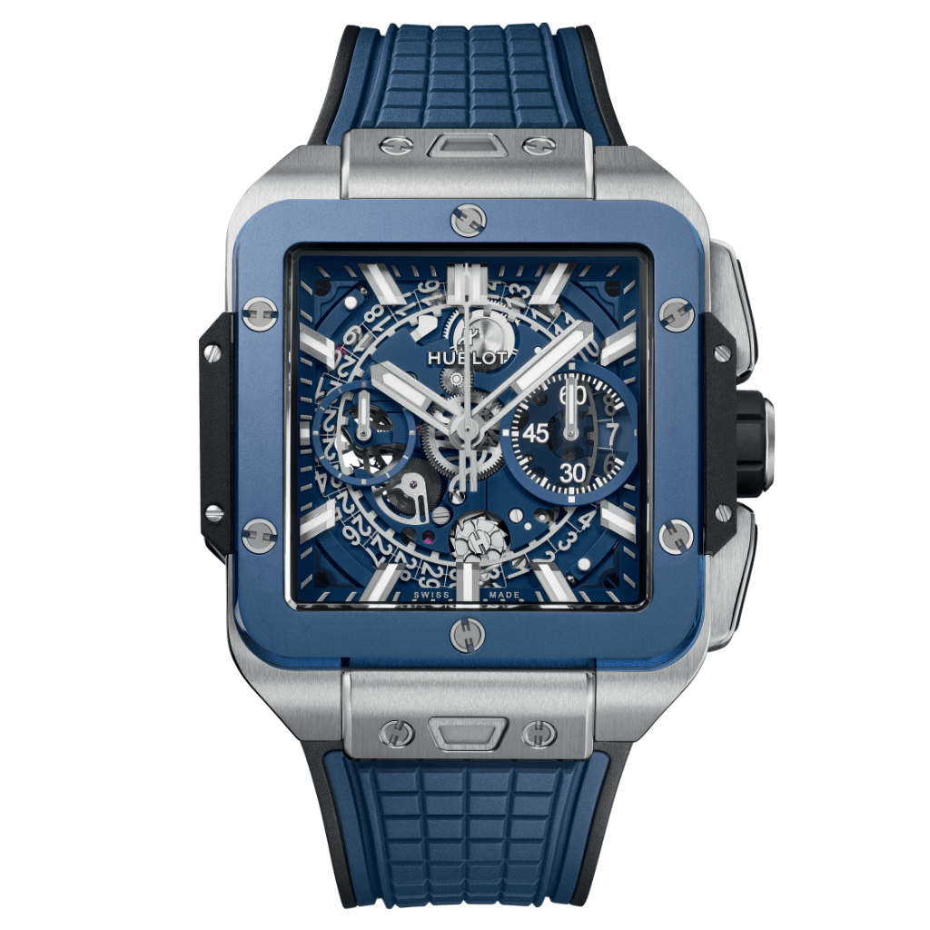 HUBLOT Square Bang Unico Titanium Blue Ceramic 42 mm Transparent Dial Polished Titanium Rubber Strap 821.NL.5170.RX