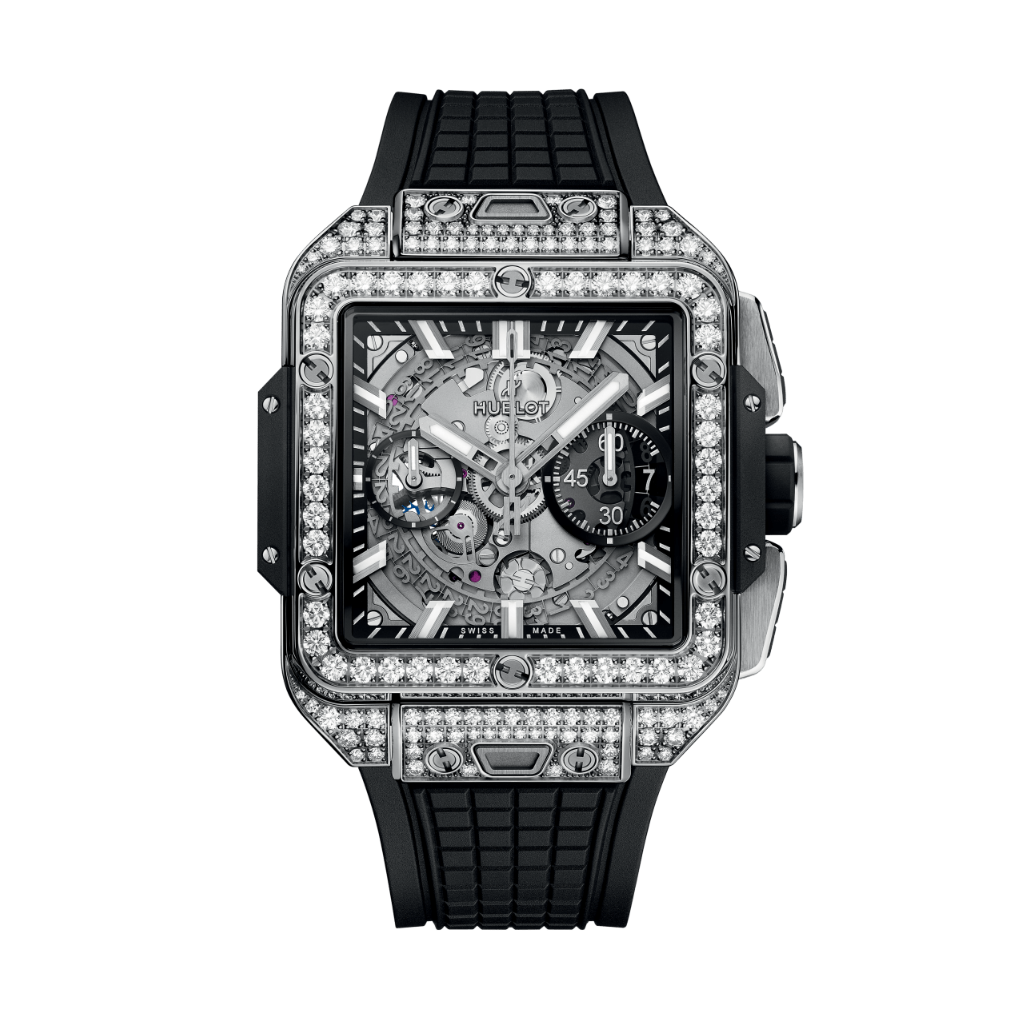 Hublot Square Bang Unico Titanium Pavé 42 mm Transparent Dial with Diamonds Polished Titanium Rubber Strap 821.NX.0170.RX.1604