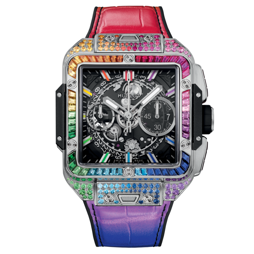 HUBLOT Square Bang Unico Titanium Rainbow 42 mm Transparent Dial with Diamonds Polished Titanium Rubber with Leather Strap 821.NX.0117.LR.0999