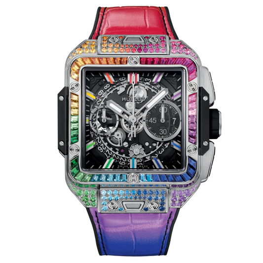 HUBLOT Square Bang Unico Titanium Rainbow 42 mm Transparent Dial with Diamonds Polished Titanium Rubber with Leather Strap 821.NX.0117.LR.0999