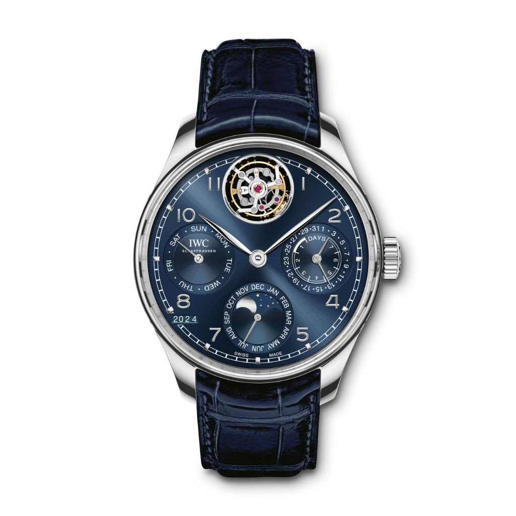 IWC Schaffhausen Portugieser Perpetual Calendar Tourbillon 45 mm Blue Dial Platinum Blue   Leather Strap IW504506