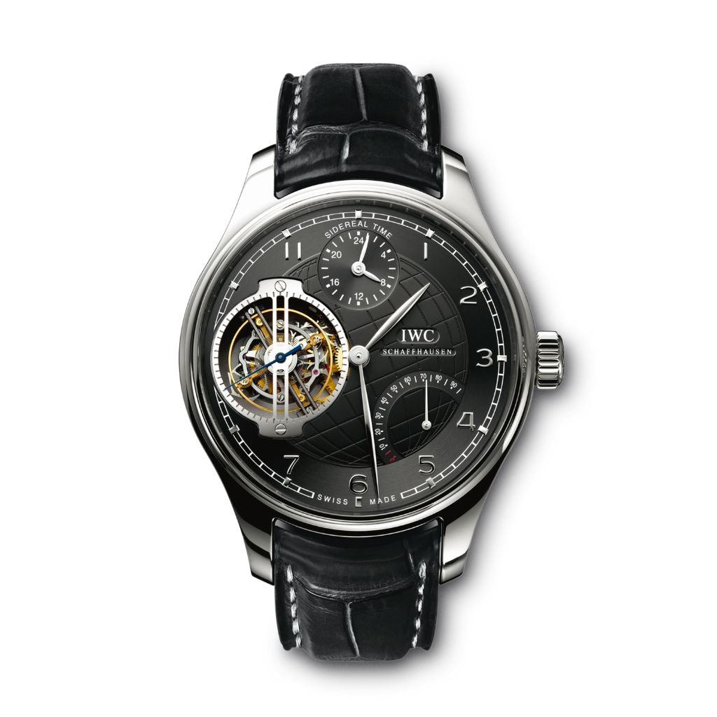 IWC Schaffhausen Portugieser Sidérale Scafusia 46 mm Black Dial Platinum Black   Leather Strap IW504101