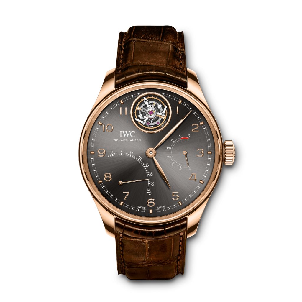 IWC Schaffhausen Portugieser Tourbillon Mystère Rétrograde 44.2 mm Grey Dial 18k 5N Gold Dark Brown   Leather Strap IW504602