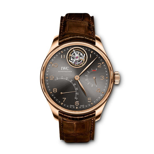 IWC Schaffhausen Portugieser Tourbillon Mystère Rétrograde 44.2 mm Grey Dial 18k 5N Gold Dark Brown   Leather Strap IW504602