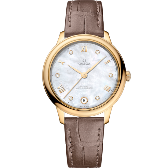 Omega De Ville Prestige 34 mm White Dial with Diamonds 18k Yellow Gold Strap 434.53.34.20.55.002