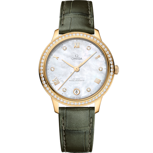 Omega De Ville Prestige 34 mm White Dial with Diamonds 18k Yellow Gold Strap 434.58.34.20.55.002