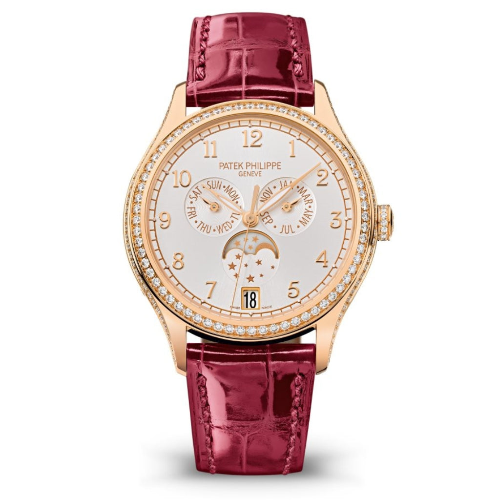 Patek Philippe Complication Moon Phases Silver Sunburst Dial Rose Gold Case Red Leather Strap 38 mm 4947R-001