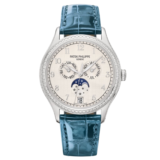 Patek Philippe Complications 38 mm Silver Dial with Diamonds 18K White Gold   Leather Strap 4947G-010
