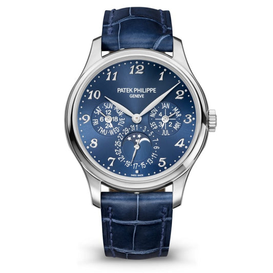 Patek Philippe Grand Complications Perpetual Calendar Blue Sunburst Dial White Gold Case   Blue Strap 39 mm 5327G-001