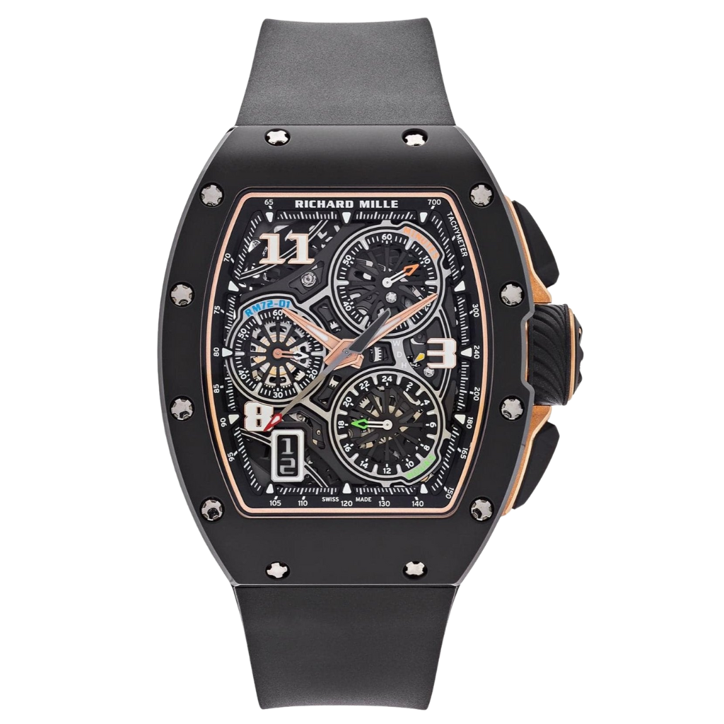 Richard Mille RM72-01 Automatic Winding Lifestyle Flyback Chronograph 38.40 mm x 47.34 mm Transparent Dial 18k Rose Gold and Black Ceramic Rubber Strap