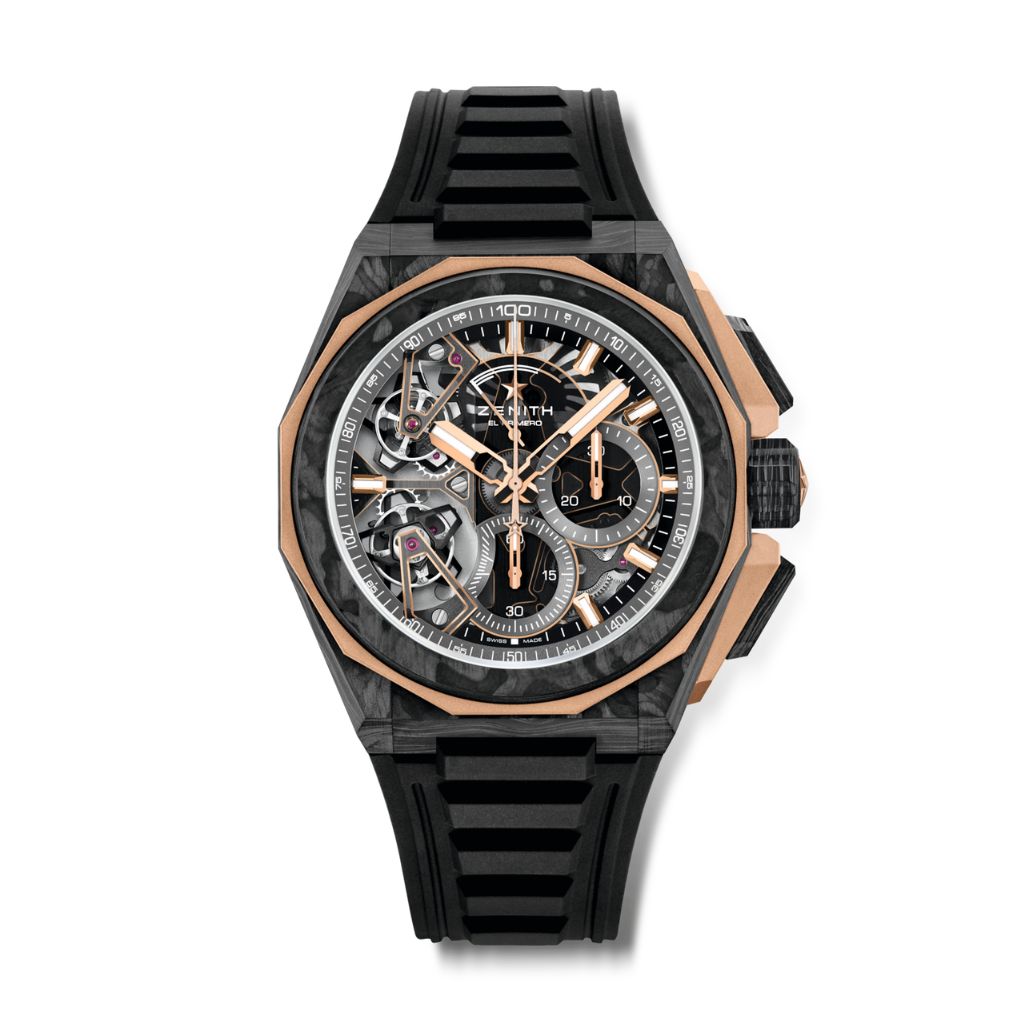 Zenith DEFY EXTREME DOUBLE TOURBILLON 45 mm Silver Dial Black Carbon & 18k Rose Gold Rubber Strap 12.9100.9020/78.I200