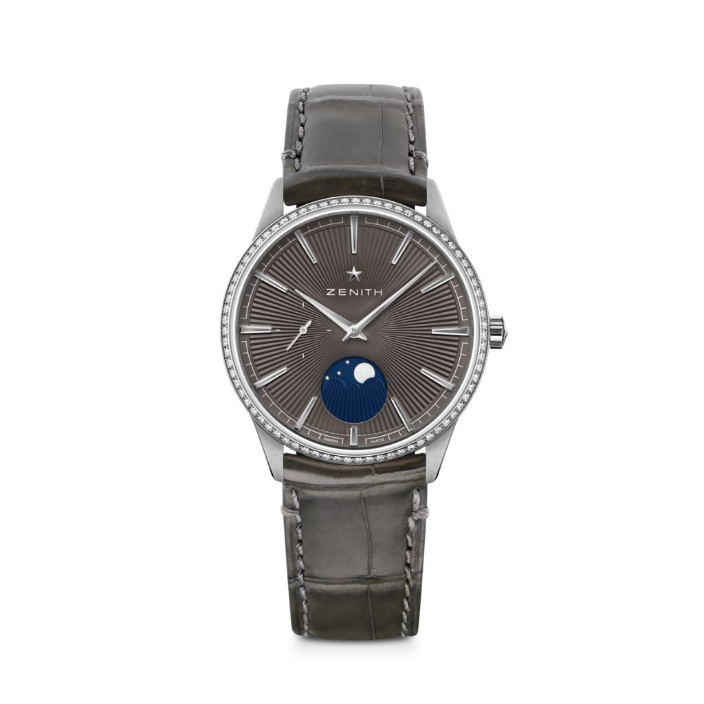 Zenith ELITE MOONPHASE 36 mm Grey Dial with Diamonds Stainless Steel   Leather Strap 16.3200.692/03.C833